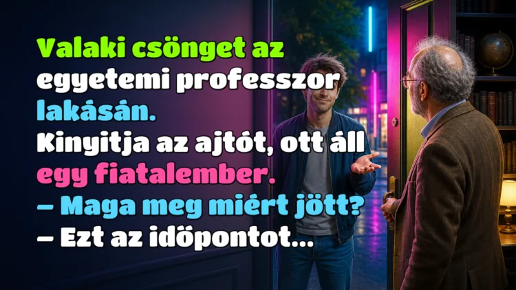 Viccek: Valaki csönget az egyetemi professzor lakásán. Kinyitja az ajtót... Valaki csönget az egyetemi professzor lakásán. Kinyitja az ajtót, ott áll egy fiatalember. – Maga meg miért jött? – Ezt az időpontot...