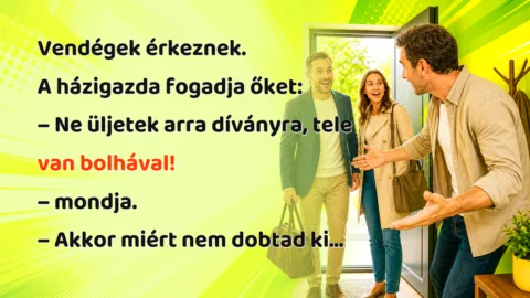 Vendégek érkeznek. A házigazda fogadja őket: – Ne üljetek arra díványra, tele van bolhával! – mondja. – Akkor miért nem dobtad ki...