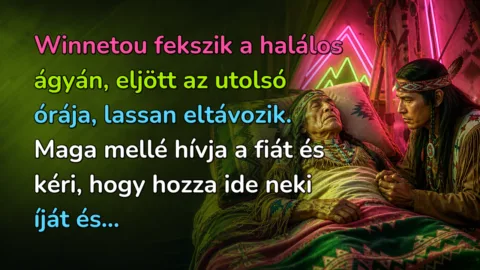 Winnetou fekszik a halálos ágyán, eljött az utolsó órája, lassan eltávozik. Maga mellé hívja a fiát és kéri, hogy hozza ide neki íját és...