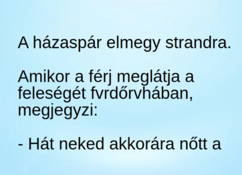 Vicc: A férj meglátja a feleségét fürdőruhában, és megjegyzi Vicc: A férj meglátja a feleségét fürdőruhában, és megjegyzi