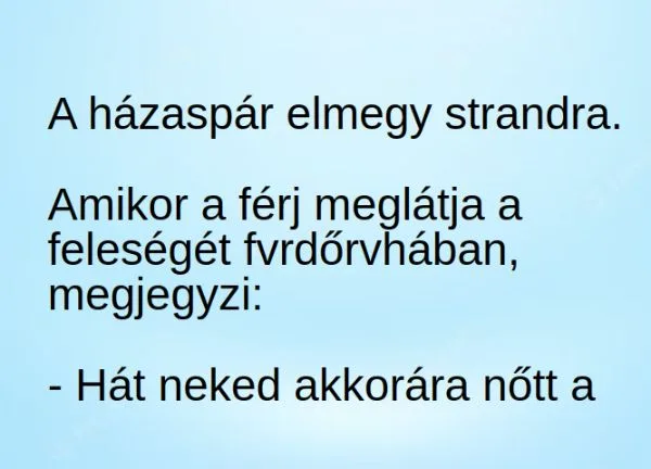 Vicc: A férj meglátja a feleségét fürdőruhában, és megjegyzi Vicc: A férj meglátja a feleségét fürdőruhában, és megjegyzi