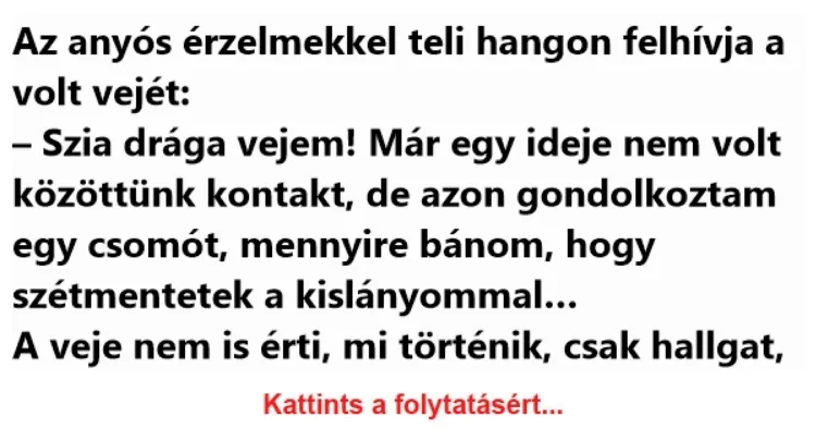 Vicc: Az anyós érzelmekkel teli hangon felhívja a volt vejét Vicc: Az anyós érzelmekkel teli hangon felhívja a volt vejét –