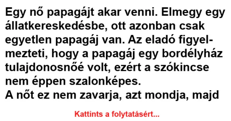 Vicc: Az eladó figyelmezteti, hogy a papagáj egy bordélyház tulajdonosnőé... Vicc: Az eladó figyelmezteti, hogy a papagáj egy bordélyház tulajdonosnőé…