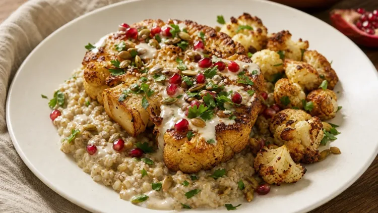 Sült karfiolsteak tahinis bulgurral recept Sült karfiolsteak tahinis bulgurral recept