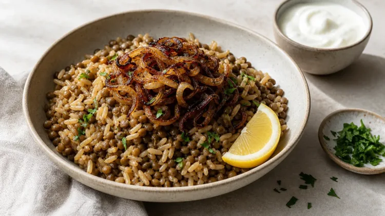 Mujaddara recept barna rizzsel és karamellizált hagymával Mujaddara recept barna rizzsel és karamellizált hagymával