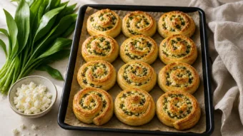 Medvehagymás-juhtúrós sós csiga recept leveles tésztából Medvehagymás-juhtúrós sós csiga recept leveles tésztából