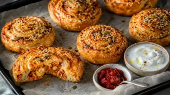 Harisszás-fetás sós csiga leveles tésztából – recept Harisszás-fetás sós csiga leveles tésztából – recept