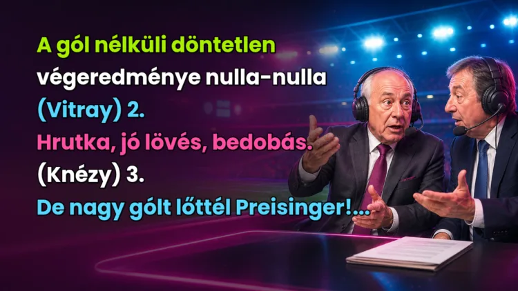 Vicc: 1. A gól nélküli döntetlen végeredménye nulla-nulla (Vitray... A gól nélküli döntetlen végeredménye nulla-nulla (Vitray) 2. Hrutka, jó lövés, bedobás. (Knézy) 3. De nagy gólt lőttél Preisinger!...