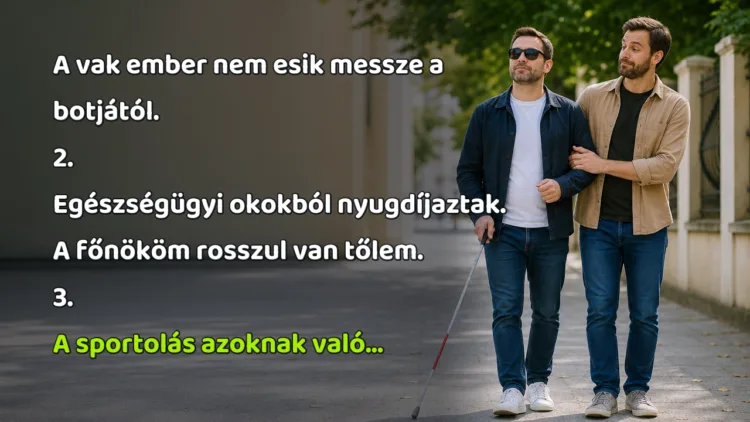 Vicc: 1. A vak ember nem esik messze a botjától... A vak ember nem esik messze a botjától. 2. Egészségügyi okokból nyugdíjaztak. A főnököm rosszul van tőlem. 3. A sportolás azoknak való...