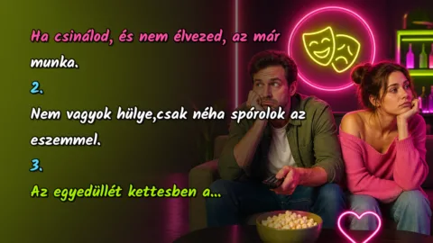 Ha csinálod, és nem élvezed, az már munka. 2. Nem vagyok hülye,csak néha spórolok az eszemmel. 3. Az egyedüllét kettesben a...