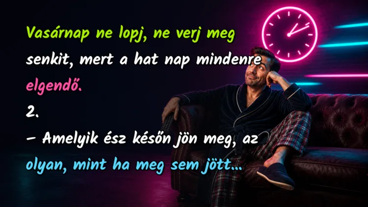 Vicc: 1. - Vasárnap ne lopj, ne verj meg senkit, mert a hat nap mindenre... Vasárnap ne lopj, ne verj meg senkit, mert a hat nap mindenre elgendő. 2. – Amelyik ész későn jön meg, az olyan, mint ha meg sem jött...