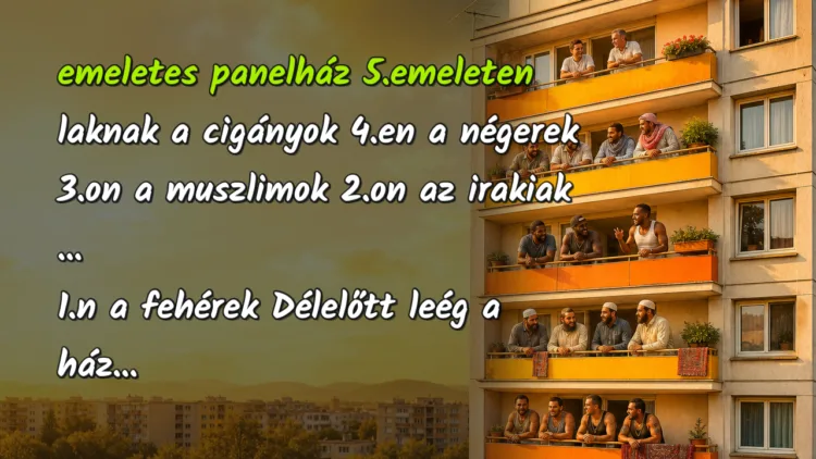 Vicc: 5emeletes panelház... emeletes panelház 5.emeleten laknak a cigányok 4.en a négerek 3.on a muszlimok 2.on az irakiak ... 1.n a fehérek Délelőtt leég a ház...