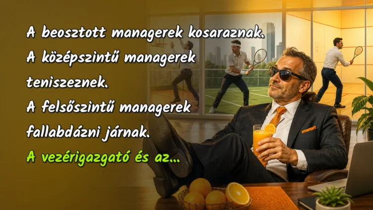Vicc: A beosztott managerek kosaraznak... A beosztott managerek kosaraznak. A középszintű managerek teniszeznek. A felsőszintű managerek fallabdázni járnak. A vezérigazgató és az...