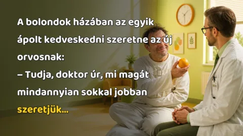 A bolondok házában az egyik ápolt kedveskedni szeretne az új orvosnak: – Tudja, doktor úr, mi magát mindannyian sokkal jobban szeretjük...