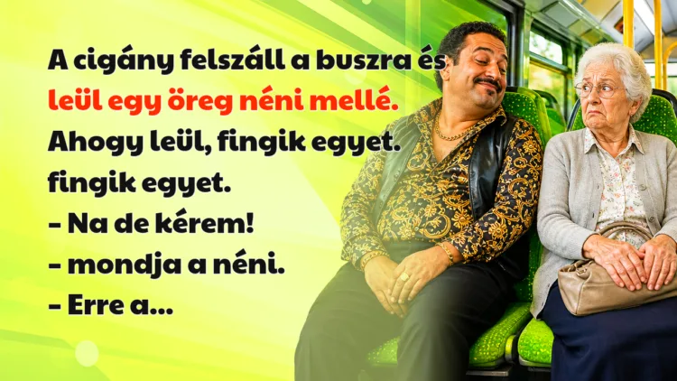 Vicc: A cigány felszáll a buszra és leül egy öreg néni mellé. Ahogy leül... A cigány felszáll a buszra és leül egy öreg néni mellé. Ahogy leül, fingik egyet. fingik egyet. – Na de kérem! – mondja a néni. – Erre a...