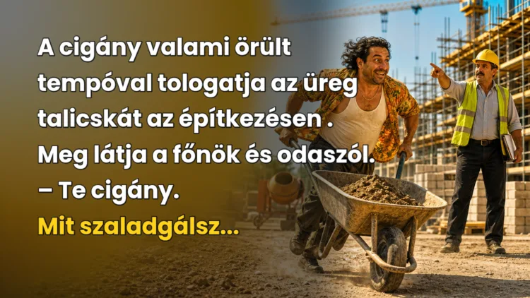 Vicc: A cigány valami örült tempóval tologatja az üreg talicskát... A cigány valami örült tempóval tologatja az üreg talicskát az építkezésen . Meg látja a főnök és odaszól. – Te cigány. Mit szaladgálsz...