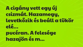 Vicc: A cigány vett egy új csizmát. Hazamegy, levetkőzik és beáll a tükör elé… Vicc: A cigány vett egy új csizmát. Hazamegy, levetkőzik és beáll a tükör elé…