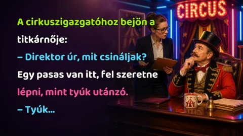 A cirkuszigazgatóhoz bejön a titkárnője: – Direktor úr, mit csináljak? Egy pasas van itt, fel szeretne lépni, mint tyúk utánzó. – Tyúk...