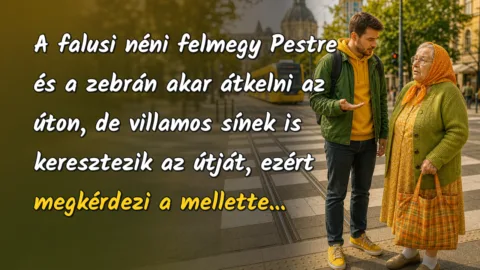 Vicc: A falusi néni felmegy Pestre és a zebrán akar átkelni az úton... A falusi néni felmegy Pestre és a zebrán akar átkelni az úton, de villamos sínek is keresztezik az útját, ezért megkérdezi a mellette...