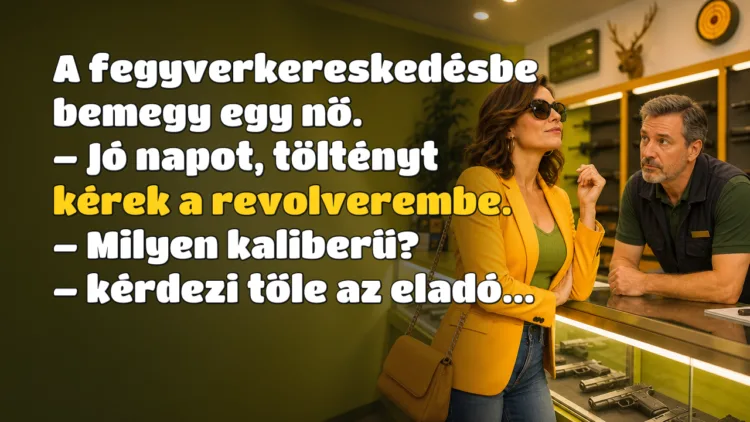 Vicc: A fegyverkereskedésbe bemegy egy nő... A fegyverkereskedésbe bemegy egy nő. – Jó napot, töltényt kérek a revolverembe. – Milyen kaliberű? – kérdezi tőle az eladó...