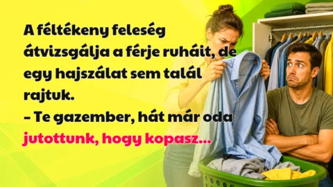 A féltékeny feleség átvizsgálja a férje ruháit, de egy hajszálat sem talál rajtuk. – Te gazember, hát már oda jutottunk, hogy kopasz...