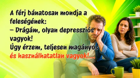 A férj bánatosan mondja a feleségének: – Drágám, olyan depressziós vagyok! Úgy érzem, teljesen magányos és használhatatlan vagyok!...