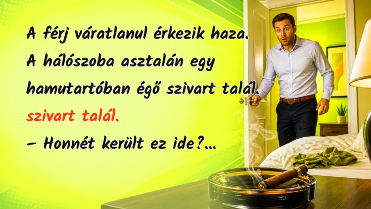 Vicc: A férj váratlanul érkezik haza. A hálószoba asztalán egy hamutartóban... A férj váratlanul érkezik haza. A hálószoba asztalán egy hamutartóban égő szivart talál. szivart talál. – Honnét került ez ide?...