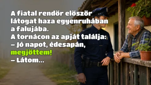 A fiatal rendőr először látogat haza egyenruhában a falujába. A tornácon az apját találja: – Jó napot, édesapán, megjöttem! – Látom...