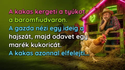 A kakas kergeti a tyúkot a baromfiudvaron. A gazda nézi egy ideig a hajszát, majd odavet egy marék kukoricát. A kakas azonnal elfelejti...
