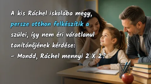 A kis Ráchel iskolába megy, persze otthon felkészítik a szülei, így nem éri váratlanul tanítónőjének kérdése: – Mondd, Ráchel mennyi 2 X 2?