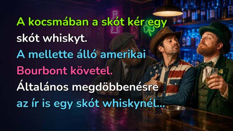 Vicc: A kocsmában a skót kér egy skót whiskyt. A mellette álló amerikai... A kocsmában a skót kér egy skót whiskyt. A mellette álló amerikai Bourbont követel. Általános megdöbbenésre az ír is egy skót whiskynél...