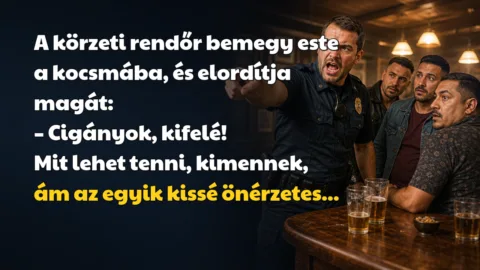 A körzeti rendőr bemegy este a kocsmába, és elordítja magát: – Cigányok, kifelé! Mit lehet tenni, kimennek, ám az egyik kissé önérzetes...
