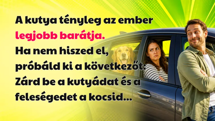 Vicc: A kutya tényleg az ember legjobb barátja. Ha nem hiszed el... A kutya tényleg az ember legjobb barátja. Ha nem hiszed el, próbáld ki a következőt: Zárd be a kutyádat és a feleségedet a kocsid...