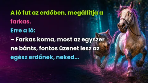 Vicc: A ló fut az erdőben, megállítja a farkas. Erre a ló... A ló fut az erdőben, megállítja a farkas. Erre a ló: – Farkas koma, most az egyszer ne bánts, fontos üzenet lesz az egész erdőnek, neked...