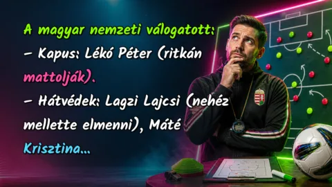 A magyar nemzeti válogatott: – Kapus: Lékó Péter (ritkán mattolják). – Hátvédek: Lagzi Lajcsi (nehéz mellette elmenni), Máté Krisztina...