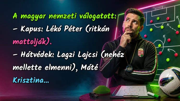 Vicc: A magyar nemzeti válogatott... A magyar nemzeti válogatott: – Kapus: Lékó Péter (ritkán mattolják). – Hátvédek: Lagzi Lajcsi (nehéz mellette elmenni), Máté Krisztina...