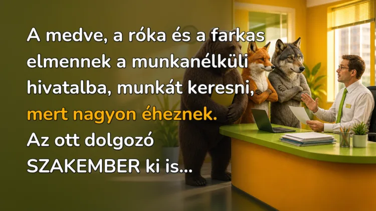 Vicc: A medve, a róka és a farkas... A medve, a róka és a farkas elmennek a munkanélküli hivatalba, munkát keresni, mert nagyon éheznek. Az ott dolgozó SZAKEMBER ki is...