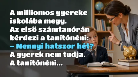 A milliomos gyereke iskolába megy. Az első számtanórán kérdezi a tanítónéni: – Mennyi hatszor hét? A gyerek nem tudja. A tanítónéni...