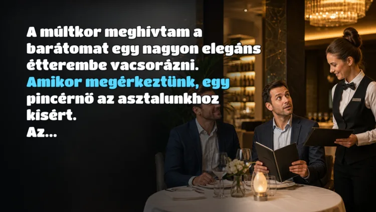Vicc: A múltkor meghívtam a barátomat egy nagyon elegáns étterembe vacsorázni... A múltkor meghívtam a barátomat egy nagyon elegáns étterembe vacsorázni. Amikor megérkeztünk, egy pincérnő az asztalunkhoz kísért. Az...