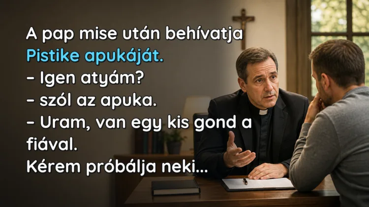 Vicc: A pap mise után behívatja Pistike apukáját... A pap mise után behívatja Pistike apukáját. – Igen atyám? – szól az apuka. – Uram, van egy kis gond a fiával. Kérem próbálja neki...