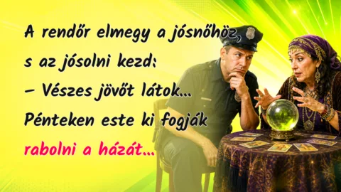 A rendőr elmegy a jósnőhöz, s az jósolni kezd: – Vészes jövőt látok... Pénteken este ki fogják rabolni a házát...