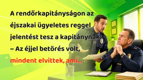 A rendőrkapitányságon az éjszakai ügyeletes reggel jelentést tesz a kapitánynak: – Az éjjel betörés volt, mindent elvittek, ami...
