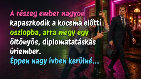 A részeg ember nagyon kapaszkodik a kocsma előtti oszlopba, arra megy egy öltönyös, diplomatatáskás úriember. Éppen nagy ívben kerülné...
