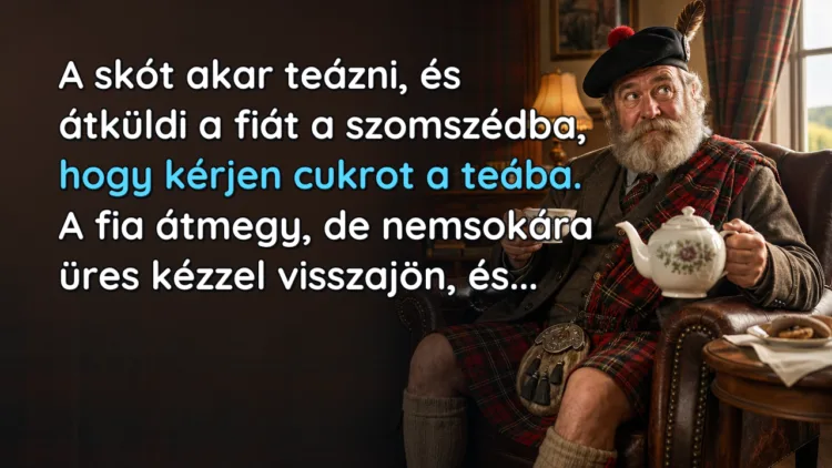 Vicc: A skót akar teázni, és átküldi a fiát a szomszédba, hogy kérjen cukrot... A skót akar teázni, és átküldi a fiát a szomszédba, hogy kérjen cukrot a teába. A fia átmegy, de nemsokára üres kézzel visszajön, és...