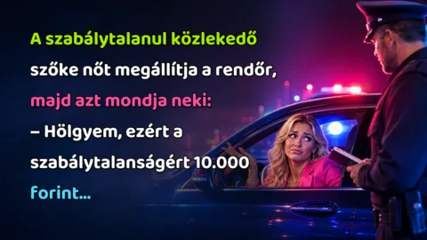 A szabálytalanul közlekedő szőke nőt megállítja a rendőr, majd azt mondja neki: – Hölgyem, ezért a szabálytalanságért 10.000 forint...