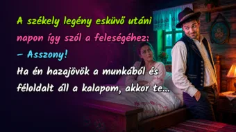 A székely legény esküvő utáni napon így szól a feleségéhez: – Asszony! Ha én hazajövök a munkából és féloldalt áll a kalapom, akkor te...