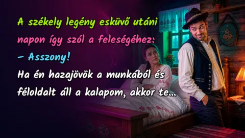 Vicc: A székely legény esküvő utáni napon így szól a feleségéhez... A székely legény esküvő utáni napon így szól a feleségéhez: – Asszony! Ha én hazajövök a munkából és féloldalt áll a kalapom, akkor te...