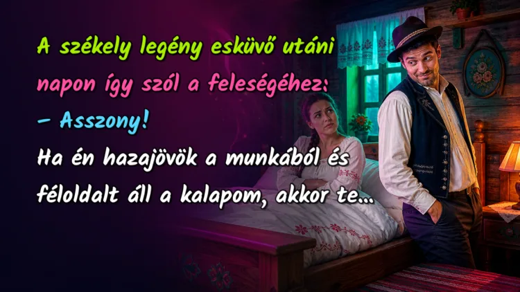 Vicc: A székely legény esküvő utáni napon így szól a feleségéhez... A székely legény esküvő utáni napon így szól a feleségéhez: – Asszony! Ha én hazajövök a munkából és féloldalt áll a kalapom, akkor te...