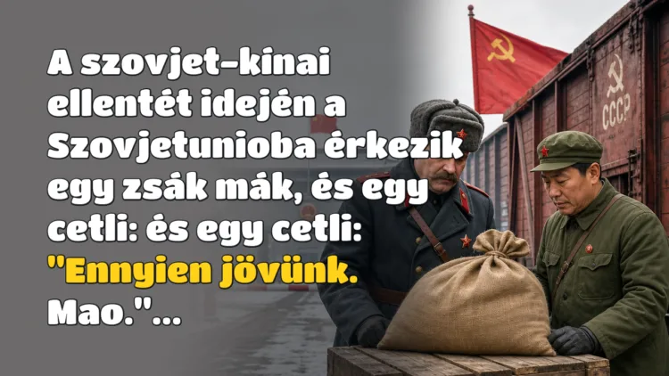 Vicc: A szovjet-kínai ellentét idején a Szovjetunioba érkezik egy zsák mák... A szovjet-kínai ellentét idején a Szovjetunioba érkezik egy zsák mák, és egy cetli: és egy cetli: "Ennyien jövünk. Mao."...