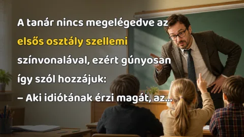 A tanár nincs megelégedve az elsős osztály szellemi színvonalával, ezért gúnyosan így szól hozzájuk: – Aki idiótának érzi magát, az...